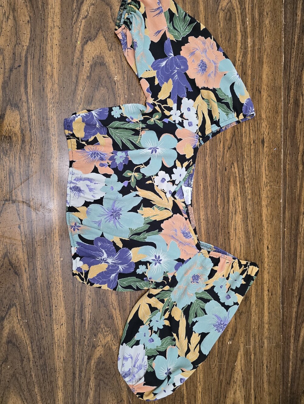 Sienna Sky Black Off-Shoulder Floral Crop Top with Pastel Blooms